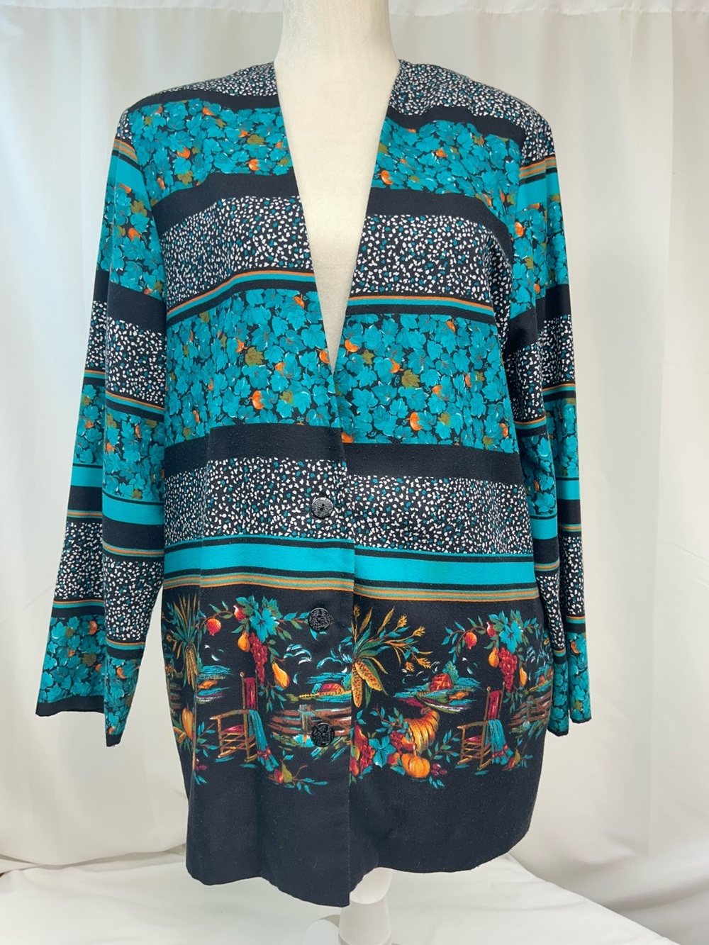 Vtg Koret Mixed Print Statement Button Front Jacket - Floral & Scenic Border M/L